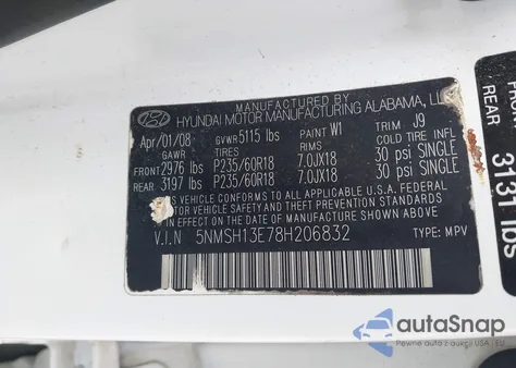 2008 Hyundai Santa Fe Limited/Se из США, поврежденный, VIN 5NMSH13E78H206832